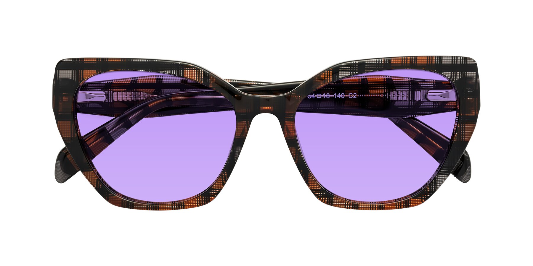 Folded Front of Tilton in Brown Grid with Medium Purple Tinted Lenses