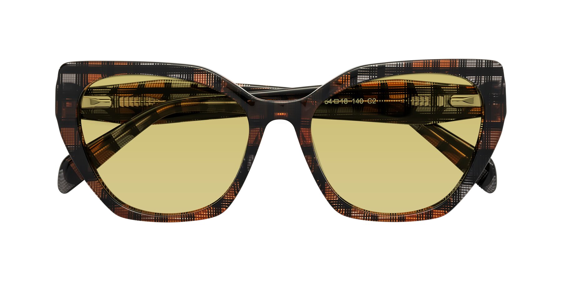 Folded Front of Tilton in Brown Grid with Medium Champagne Tinted Lenses