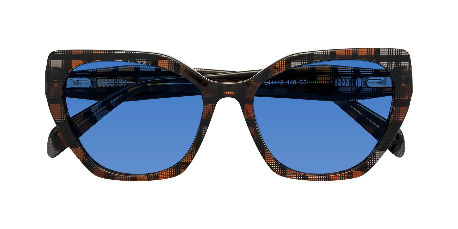 Folded Front of Tilton in Brown Grid with Blue Tinted Lenses