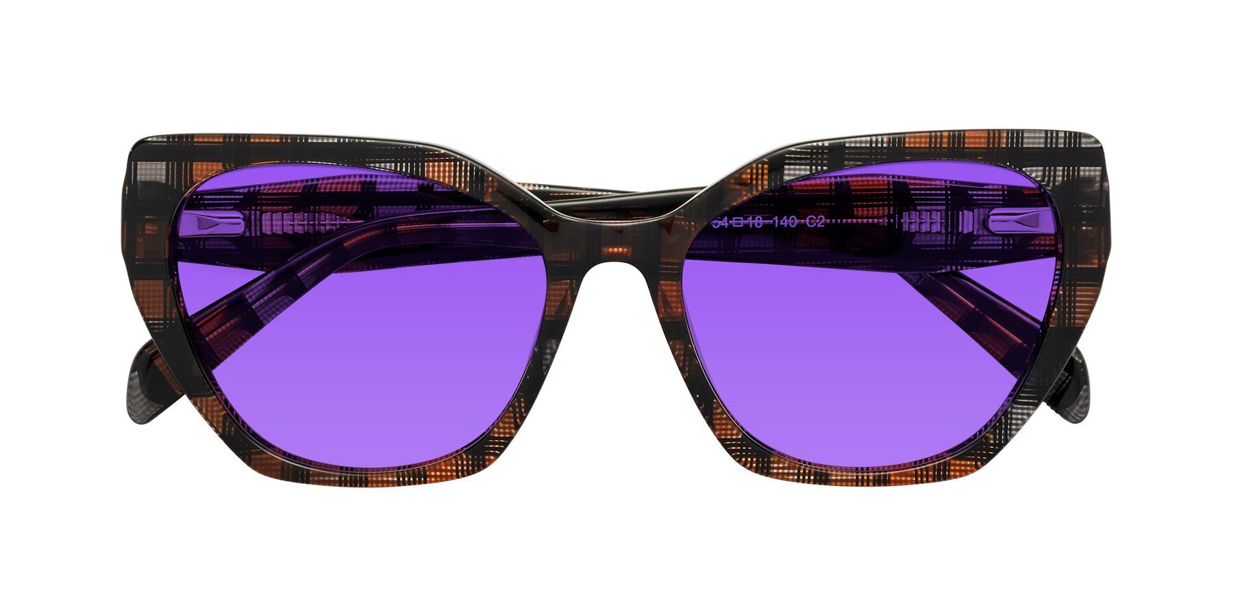 Folded Front of Tilton in Brown Grid with Purple Tinted Lenses