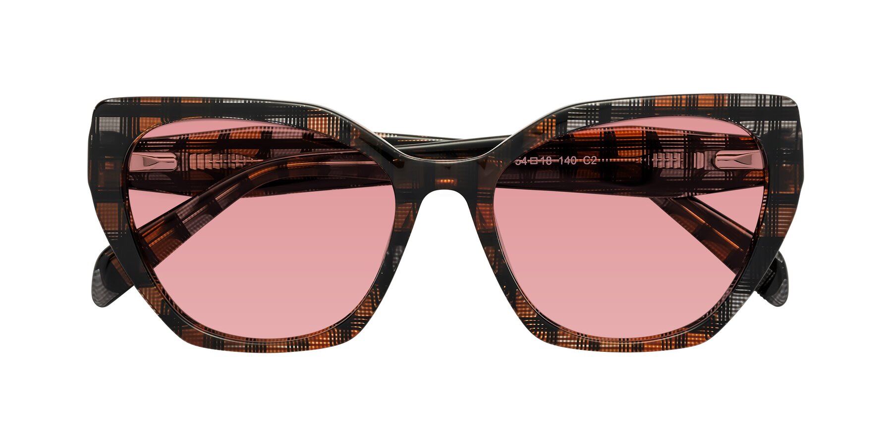 Folded Front of Tilton in Brown Grid with Medium Garnet Tinted Lenses