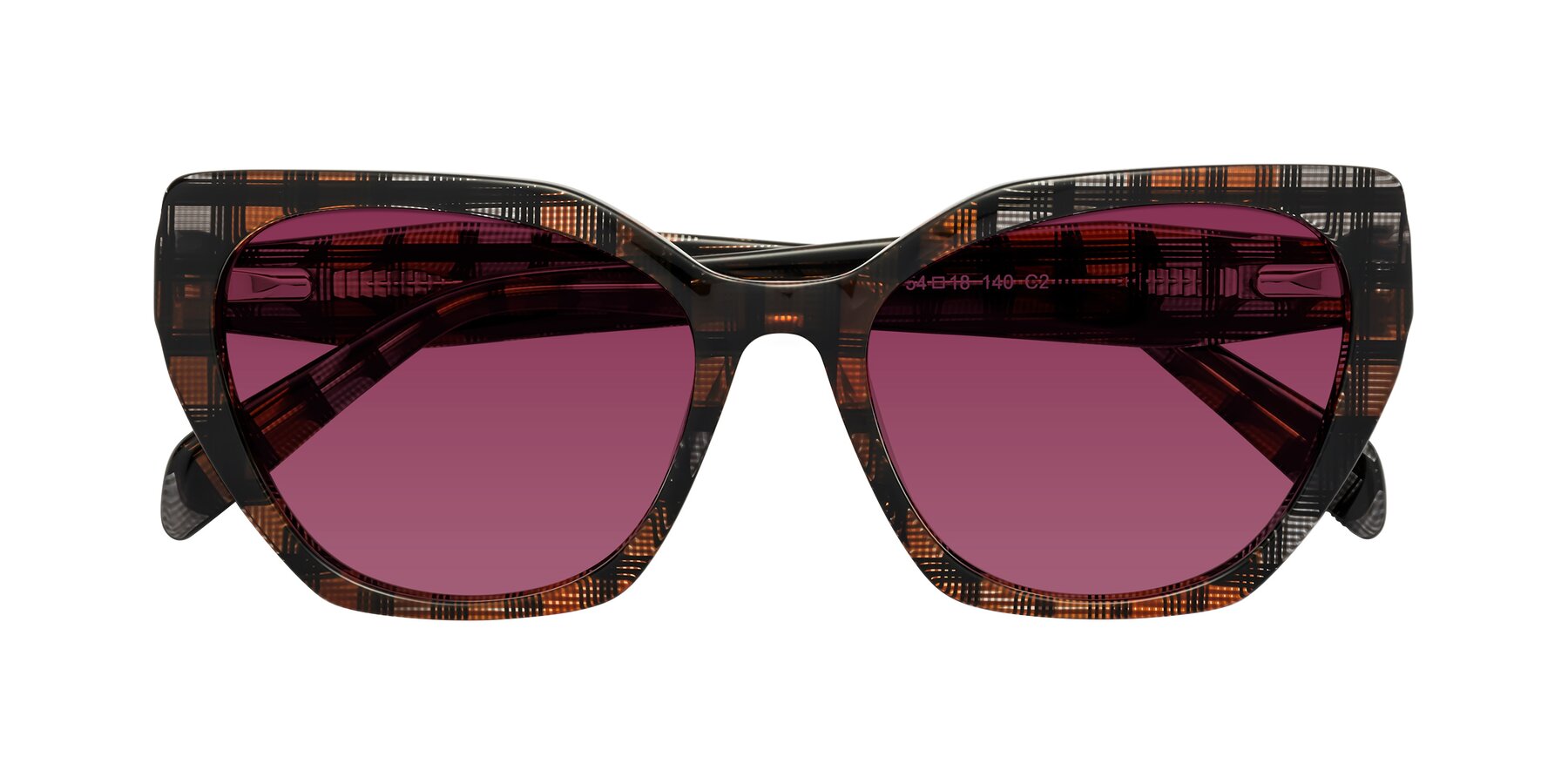 Folded Front of Tilton in Brown Grid with Wine Tinted Lenses