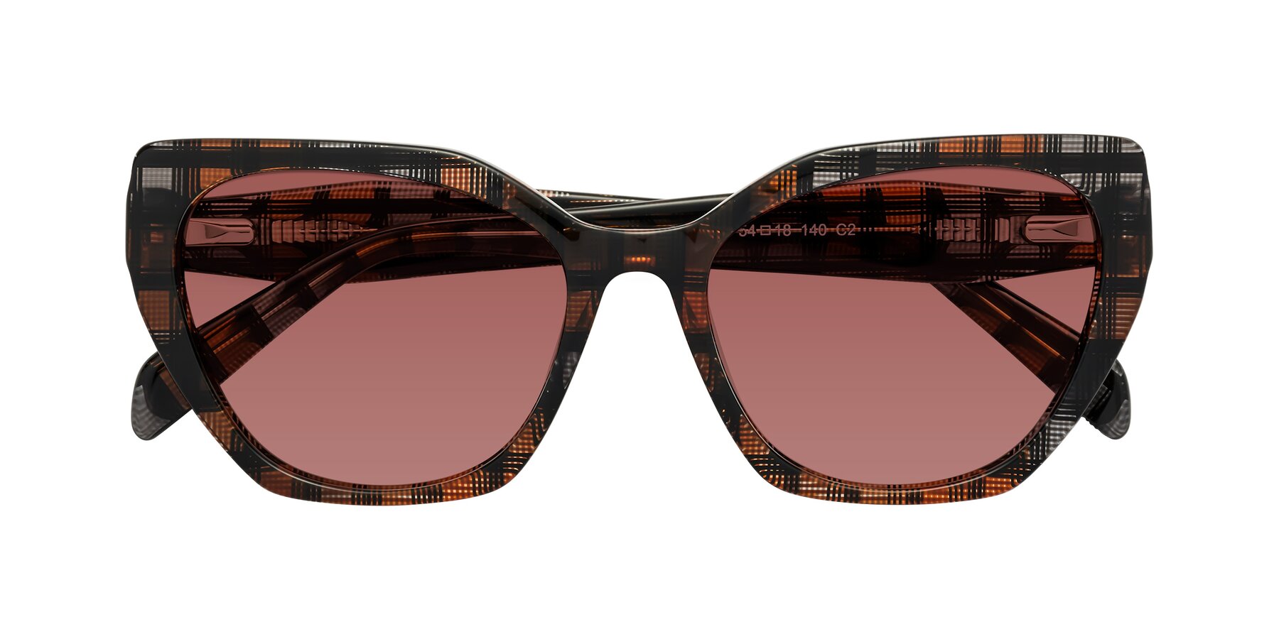 Folded Front of Tilton in Brown Grid with Garnet Tinted Lenses