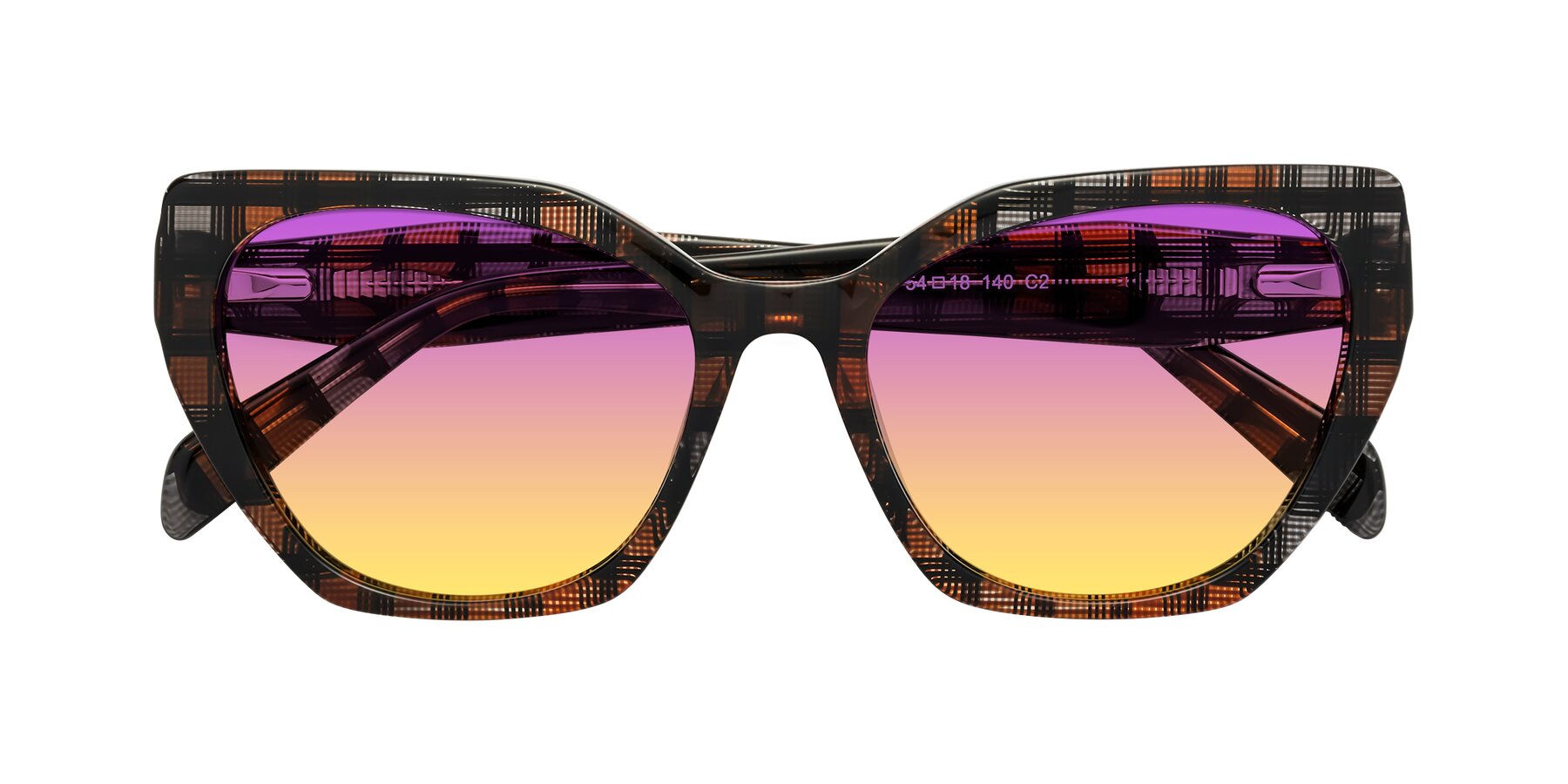 Folded Front of Tilton in Brown Grid with Purple / Yellow Gradient Lenses