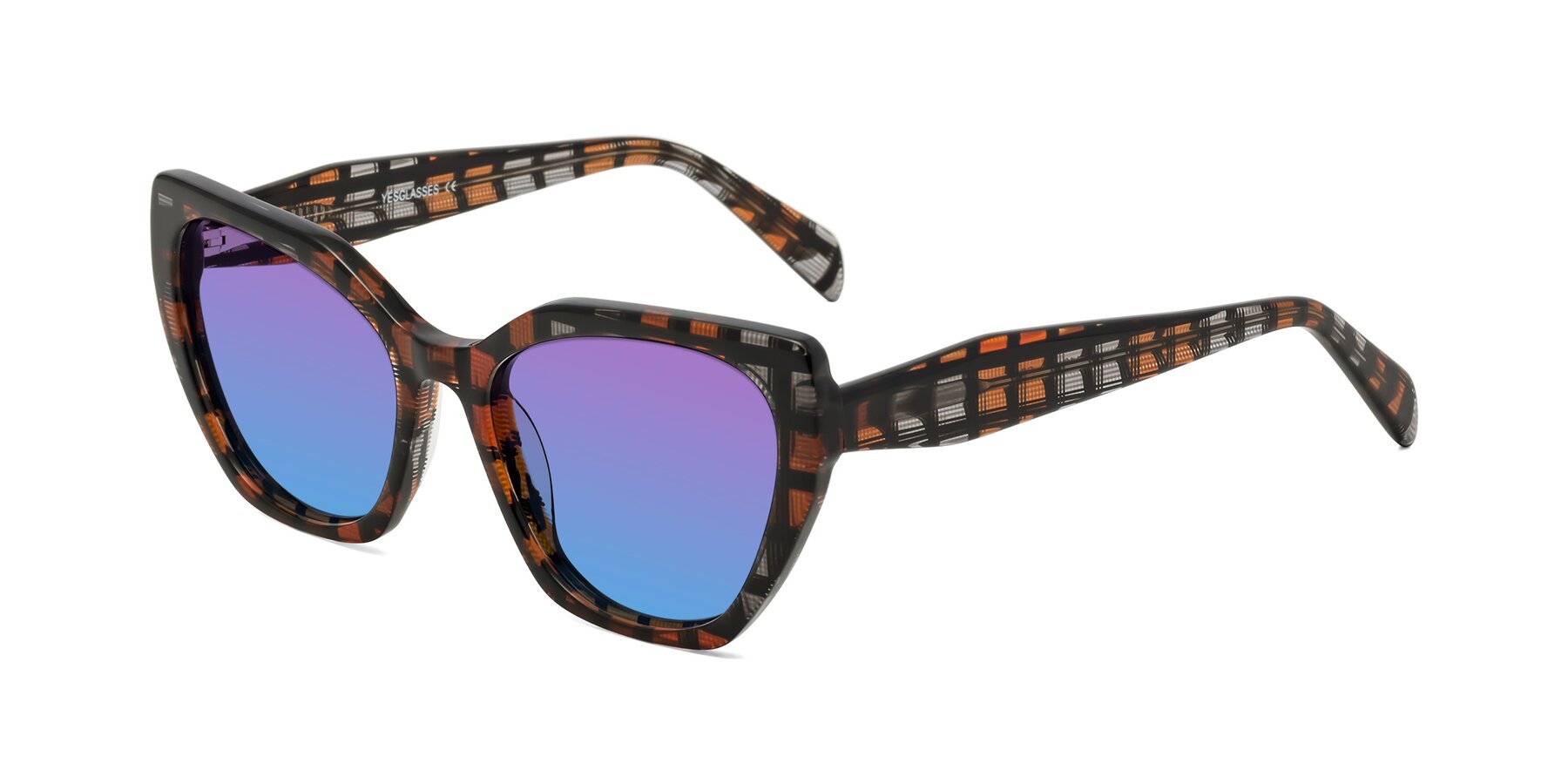 Angle of Tilton in Brown Grid with Purple / Blue Gradient Lenses