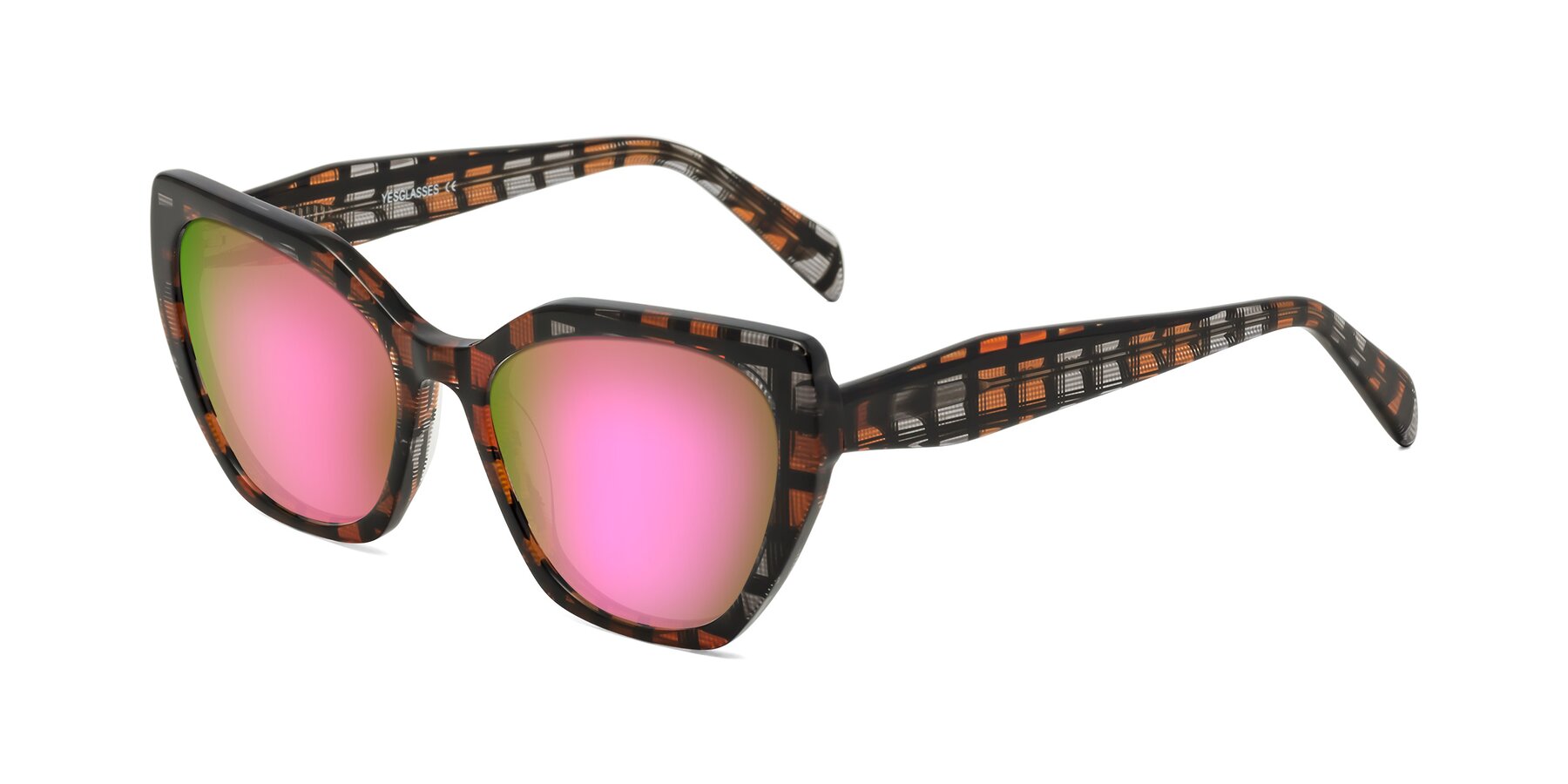 Angle of Tilton in Brown Grid with Pink Mirrored Lenses