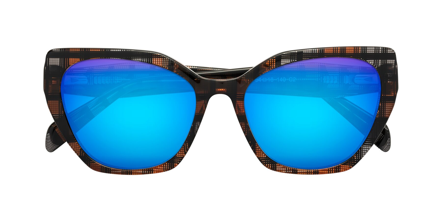 Folded Front of Tilton in Brown Grid with Blue Mirrored Lenses