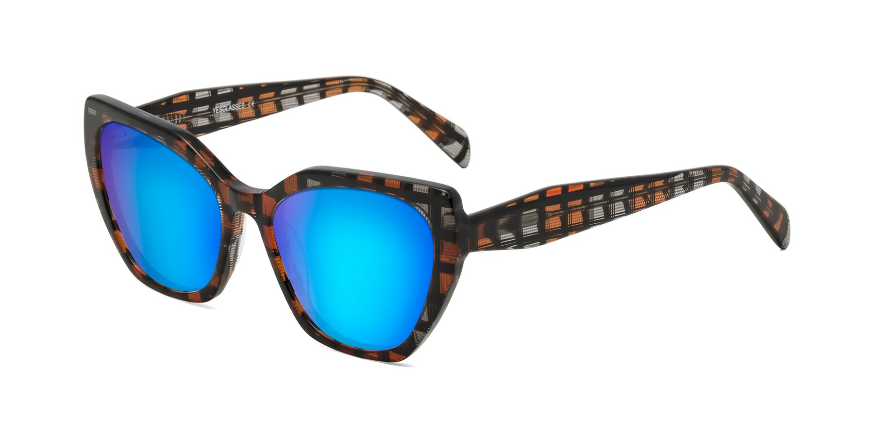 Angle of Tilton in Brown Grid with Blue Mirrored Lenses
