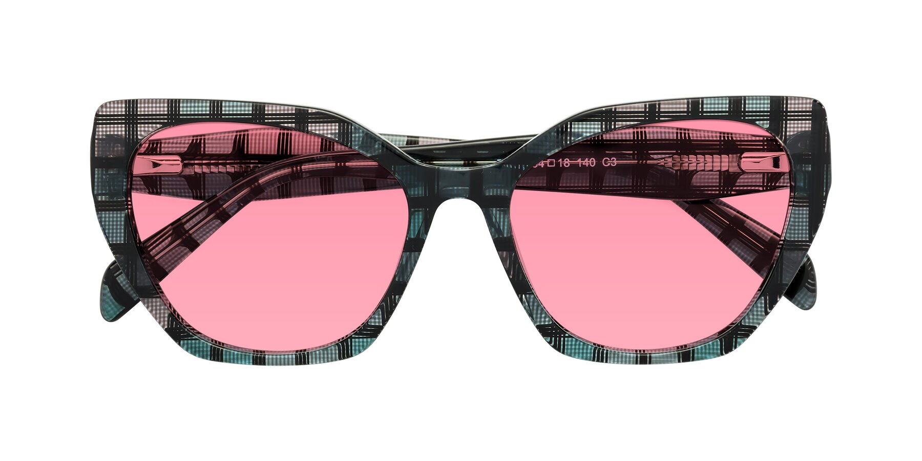 Folded Front of Tilton in Blue Grid with Pink Tinted Lenses