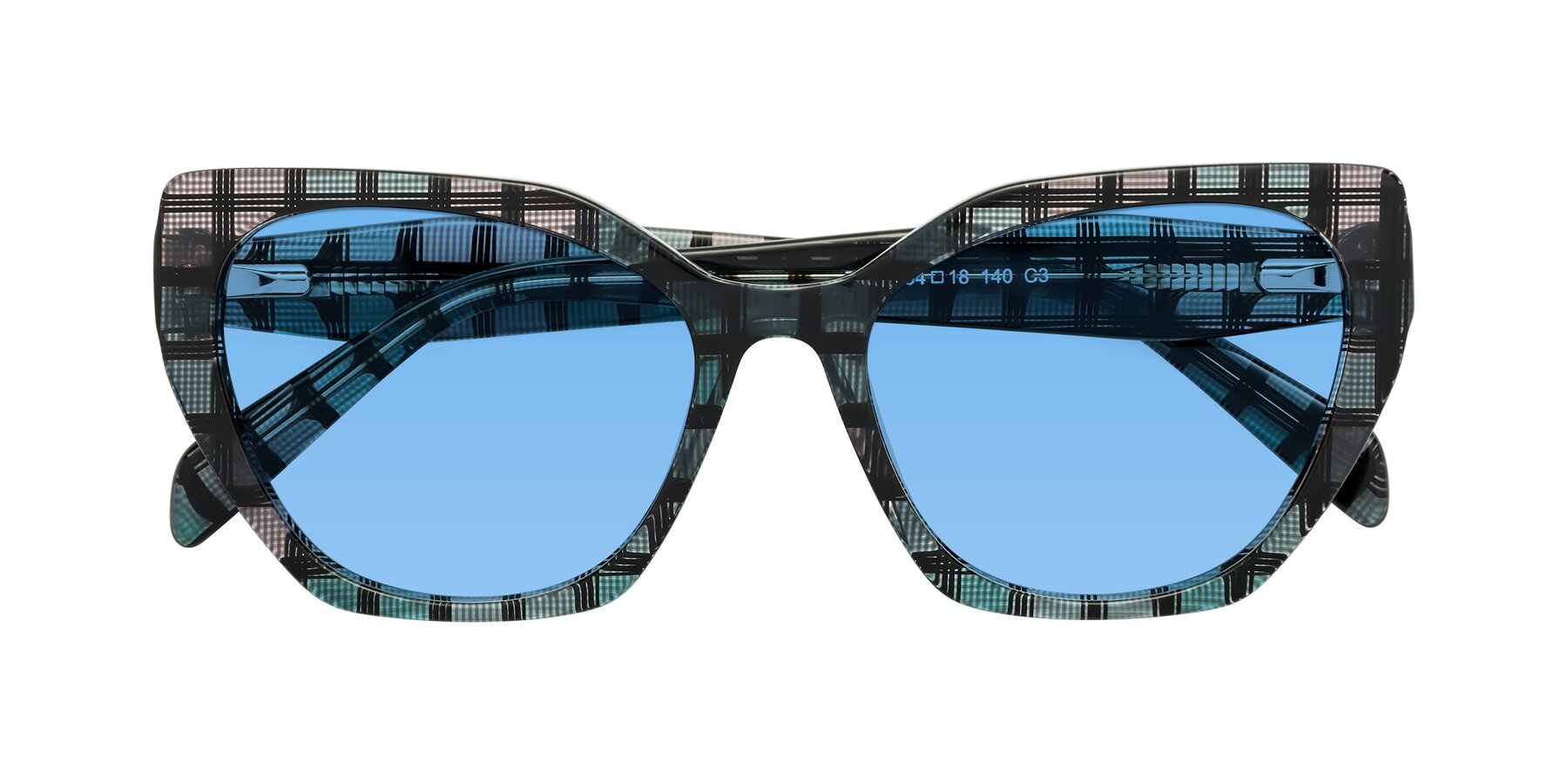 Folded Front of Tilton in Blue Grid with Medium Blue Tinted Lenses