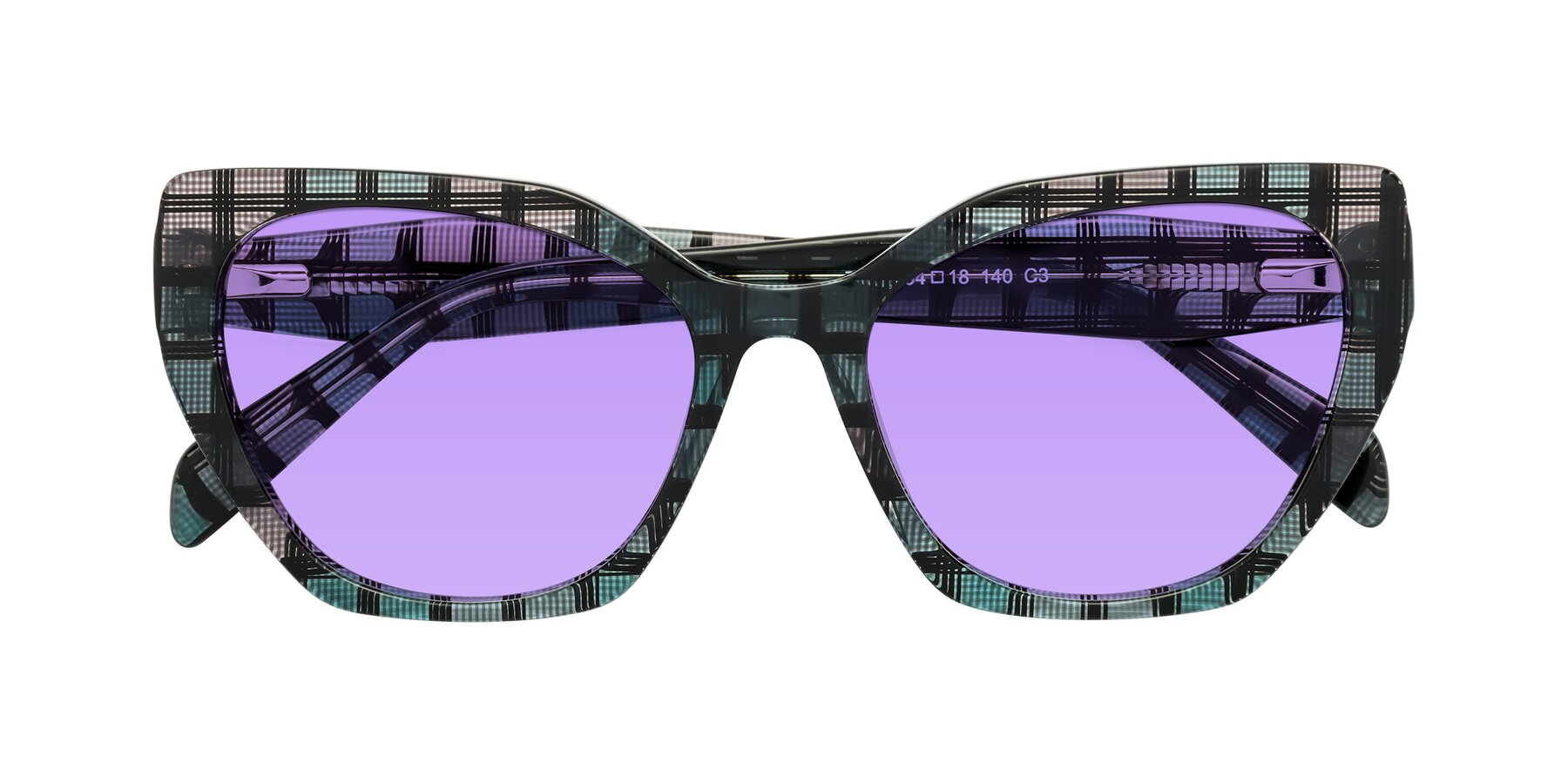 Folded Front of Tilton in Blue Grid with Medium Purple Tinted Lenses
