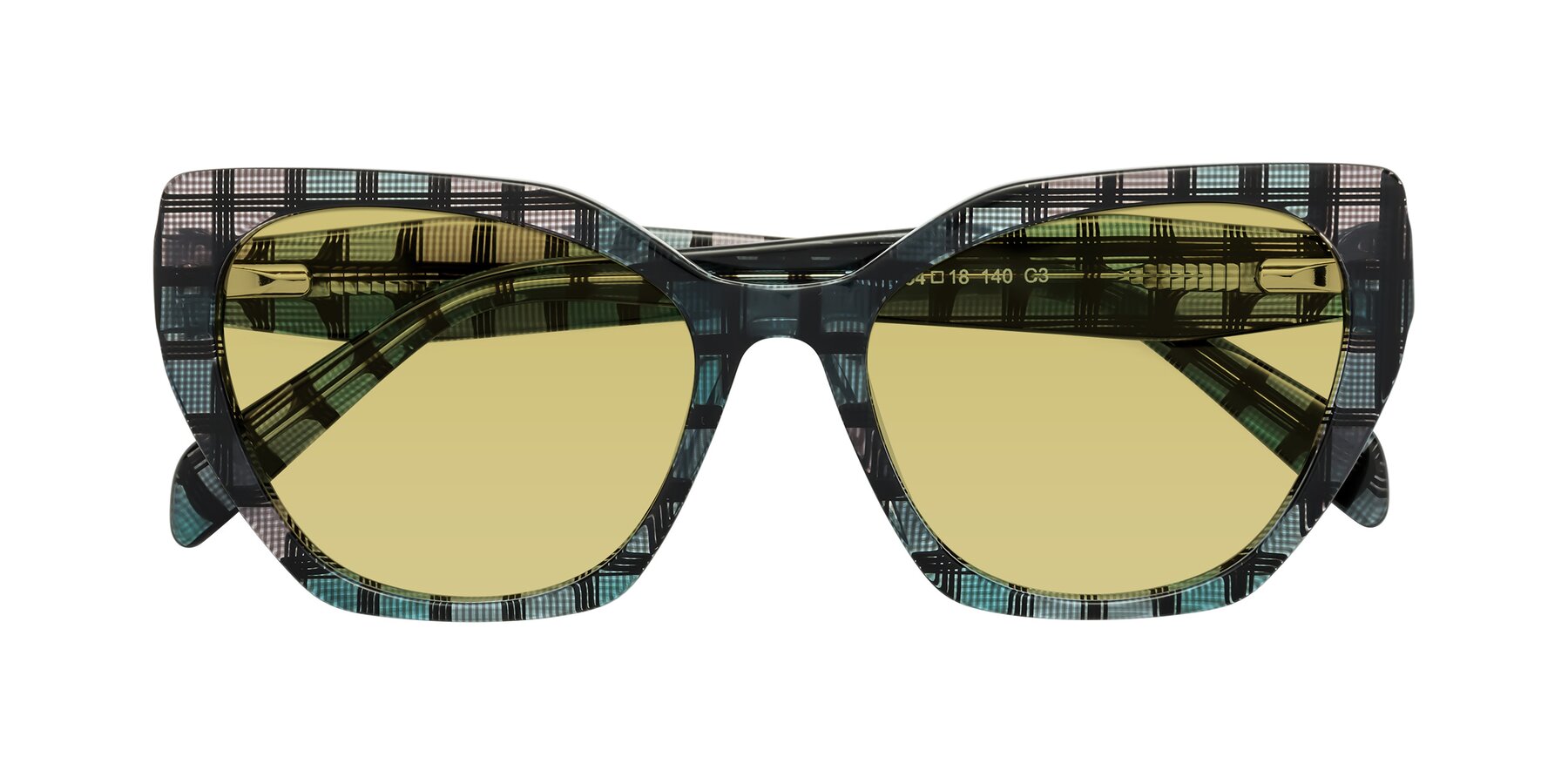 Folded Front of Tilton in Blue Grid with Medium Champagne Tinted Lenses