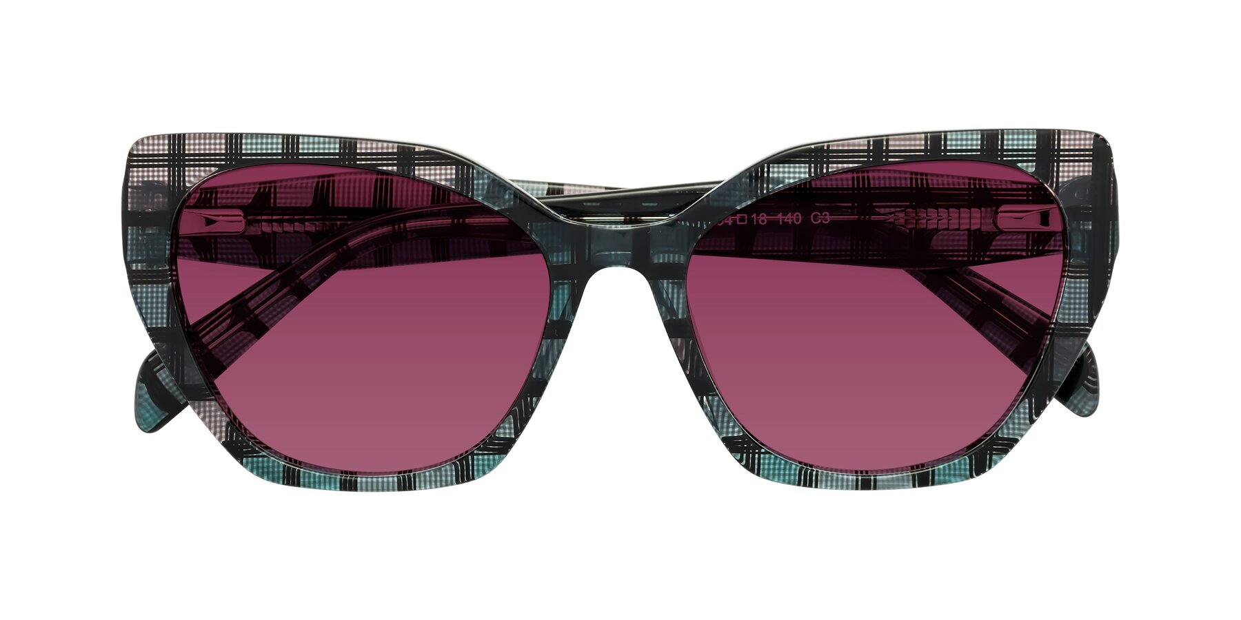 Folded Front of Tilton in Blue Grid with Wine Tinted Lenses