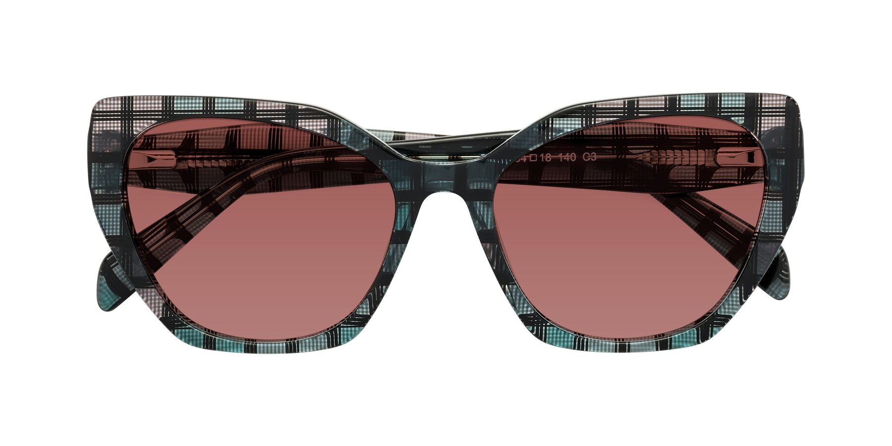 Folded Front of Tilton in Blue Grid with Garnet Tinted Lenses