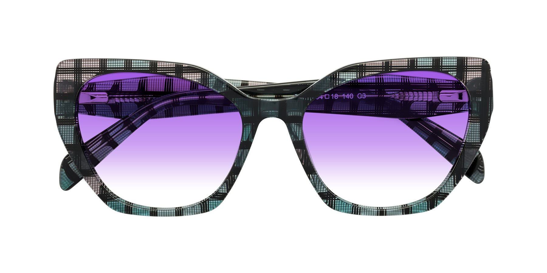 Folded Front of Tilton in Blue Grid with Purple Gradient Lenses