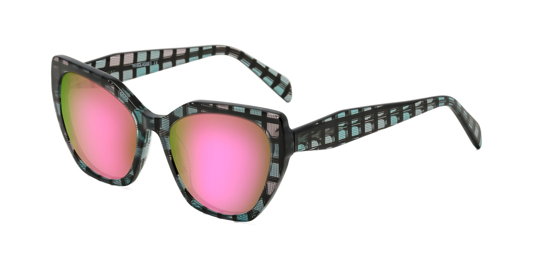 Angle of Tilton in Blue Grid with Pink Mirrored Lenses