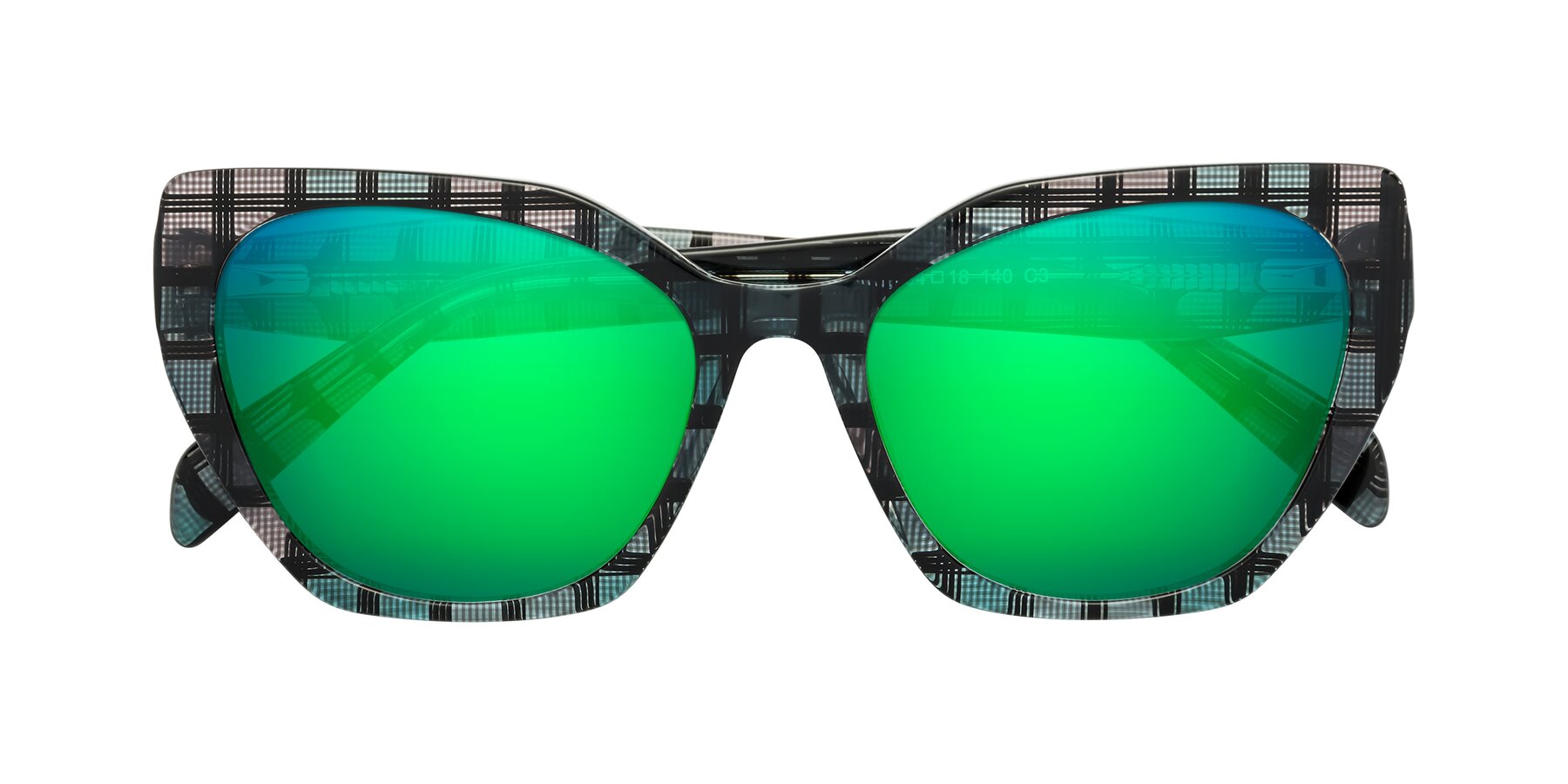 Folded Front of Tilton in Blue Grid with Green Mirrored Lenses