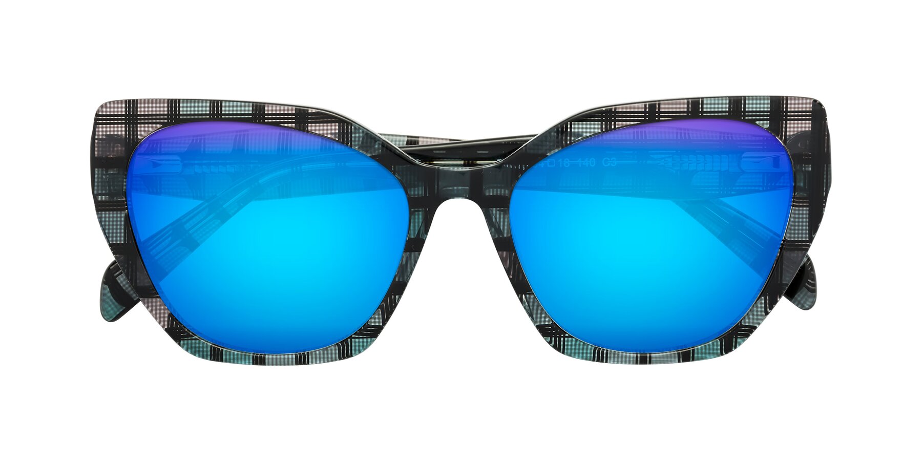Folded Front of Tilton in Blue Grid with Blue Mirrored Lenses