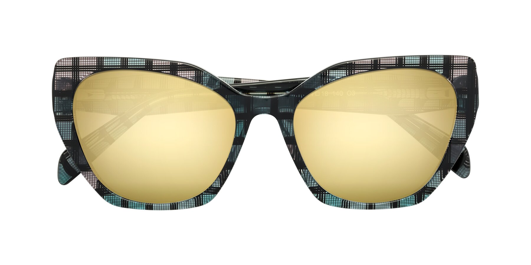 Folded Front of Tilton in Blue Grid with Gold Mirrored Lenses