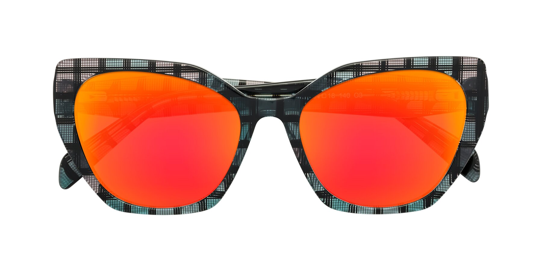 Folded Front of Tilton in Blue Grid with Red Gold Mirrored Lenses