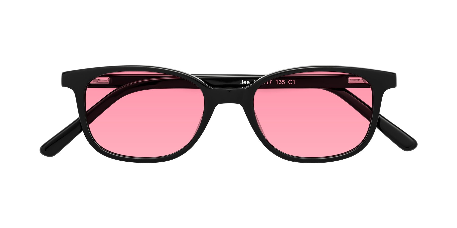 Folded Front of Jee in Black with Pink Tinted Lenses