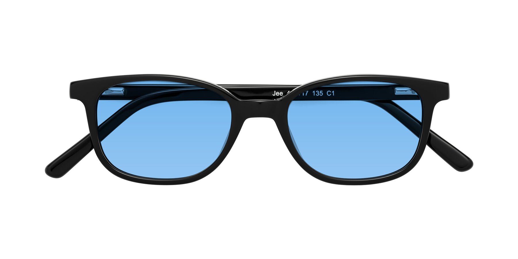 Folded Front of Jee in Black with Medium Blue Tinted Lenses