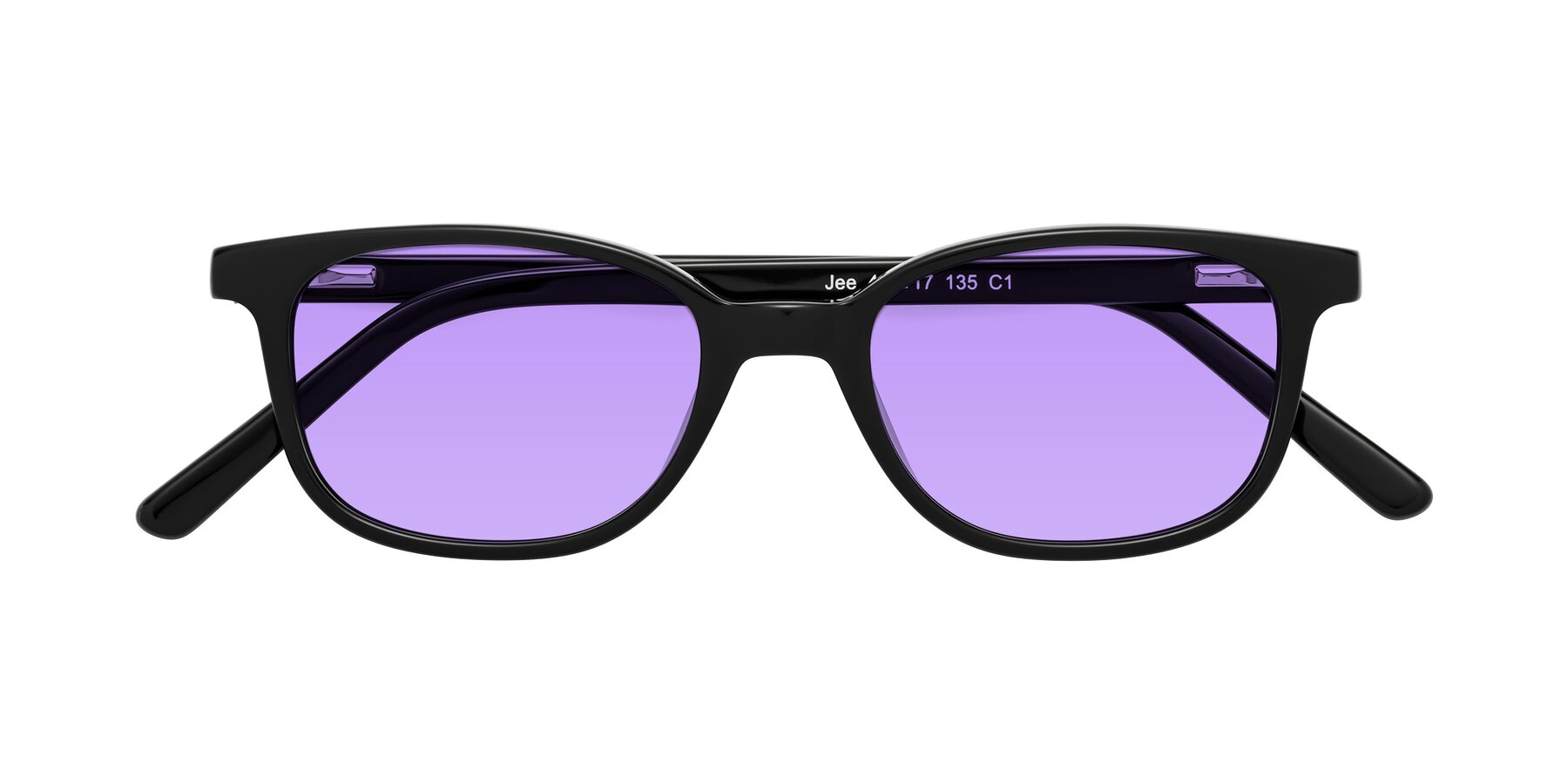 Folded Front of Jee in Black with Medium Purple Tinted Lenses