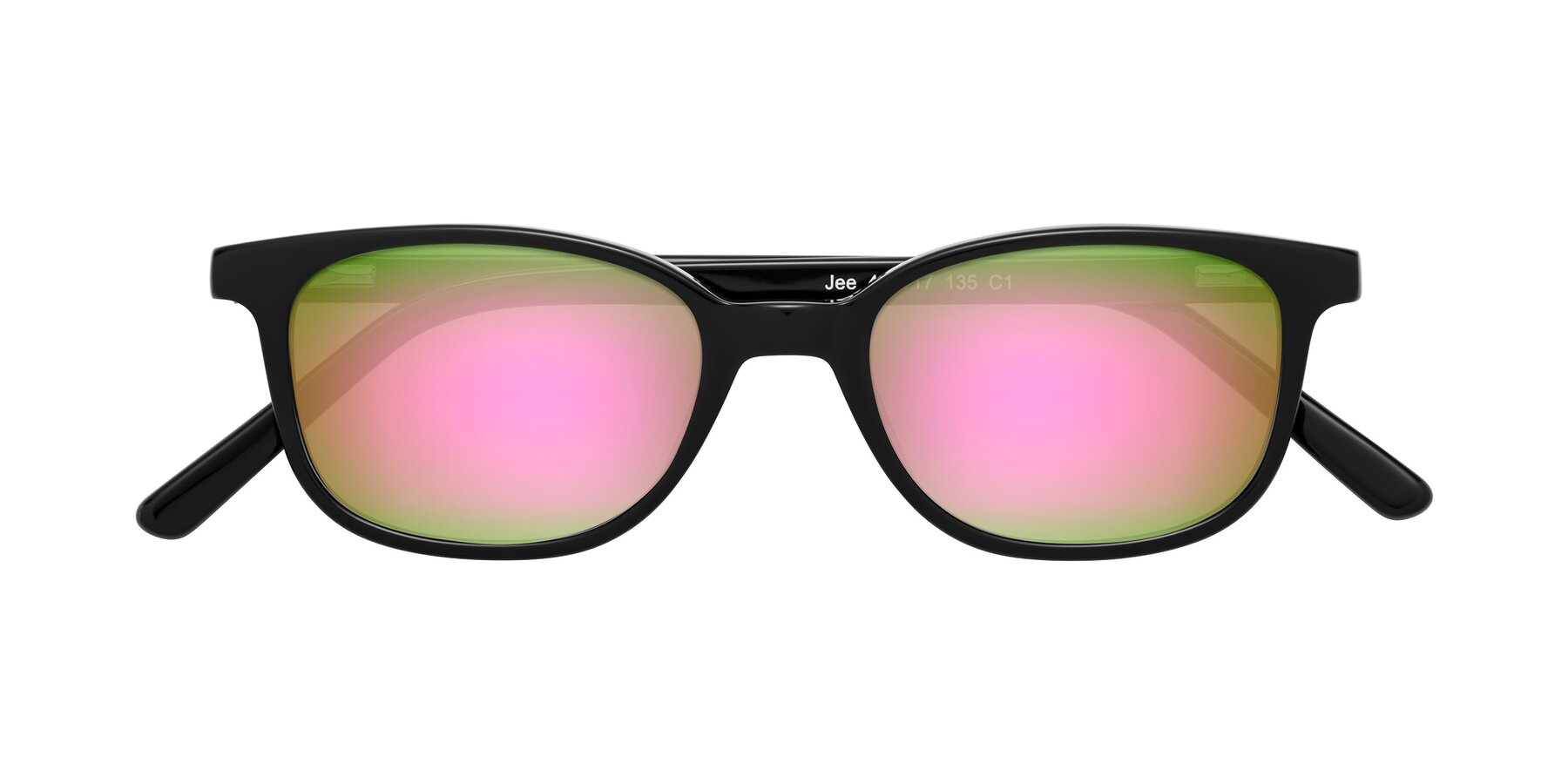 Folded Front of Jee in Black with Pink Mirrored Lenses