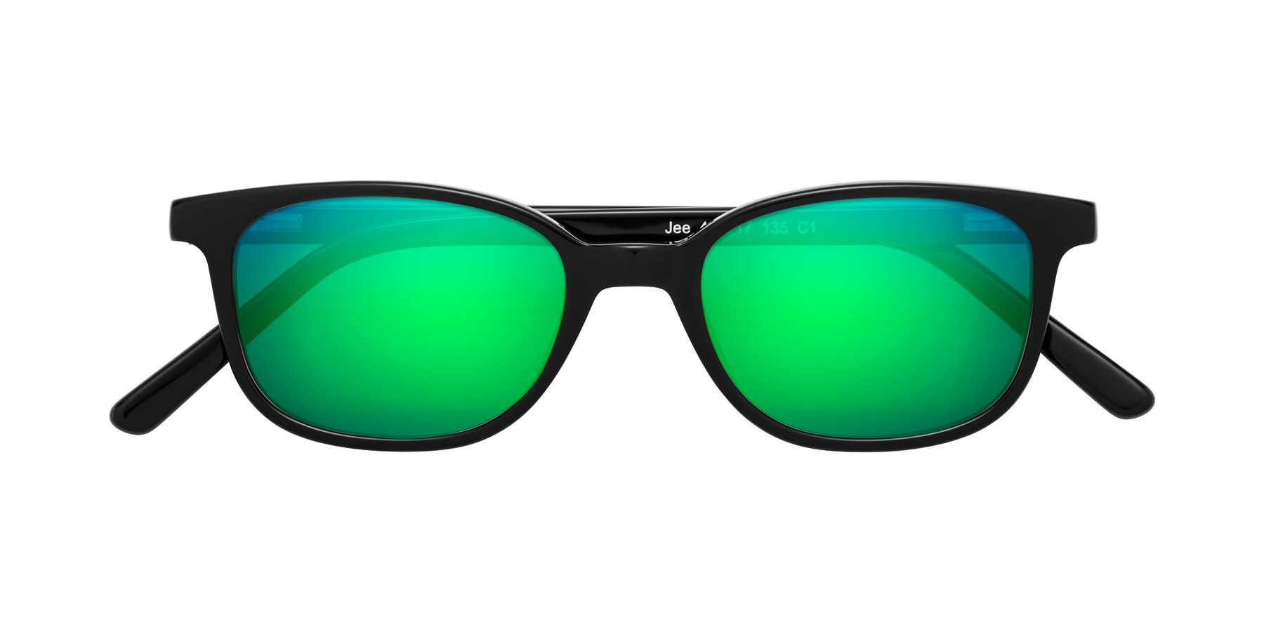 Folded Front of Jee in Black with Green Mirrored Lenses