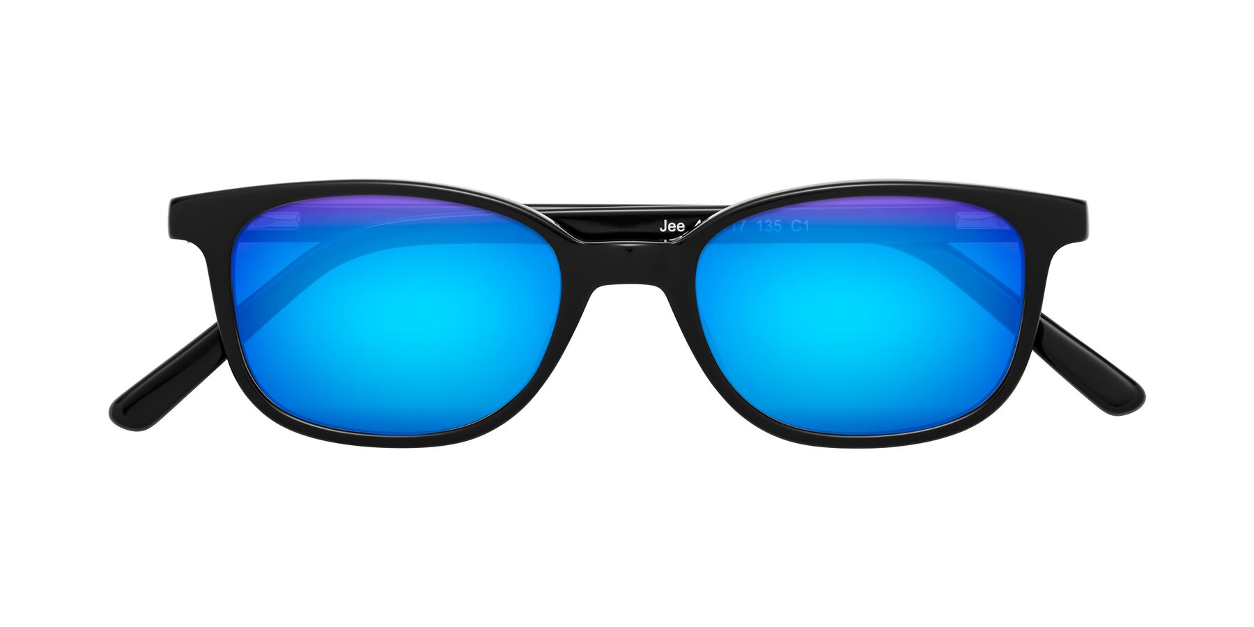 Folded Front of Jee in Black with Blue Mirrored Lenses