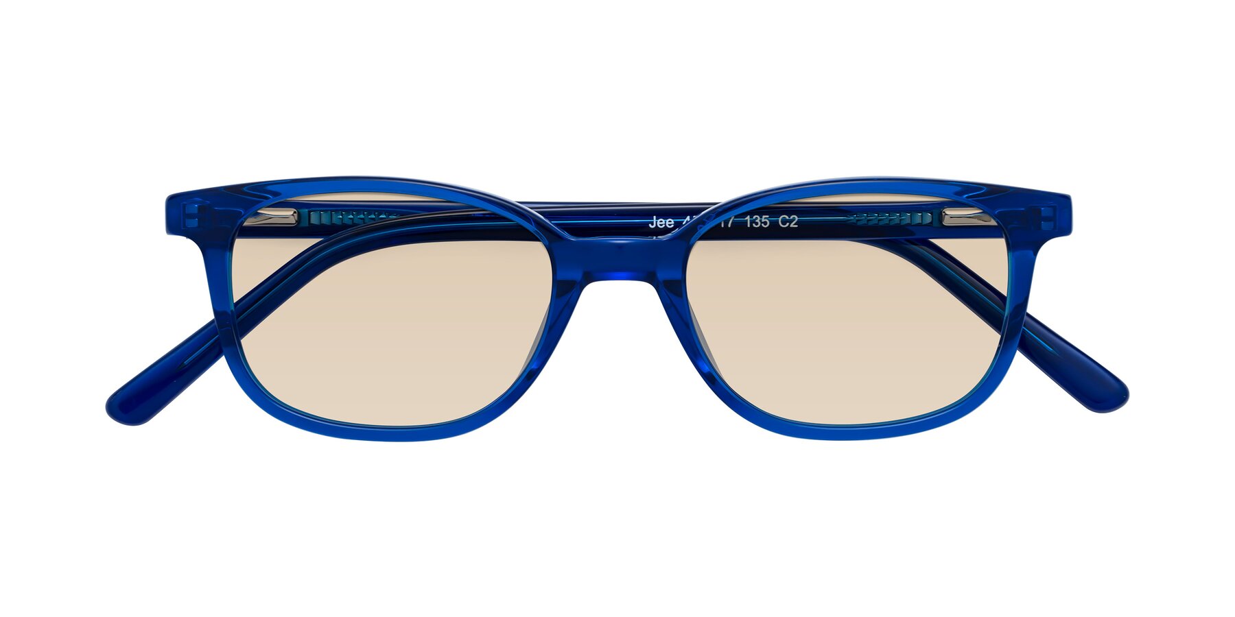 Folded Front of Jee in Navy Blue with Light Brown Tinted Lenses