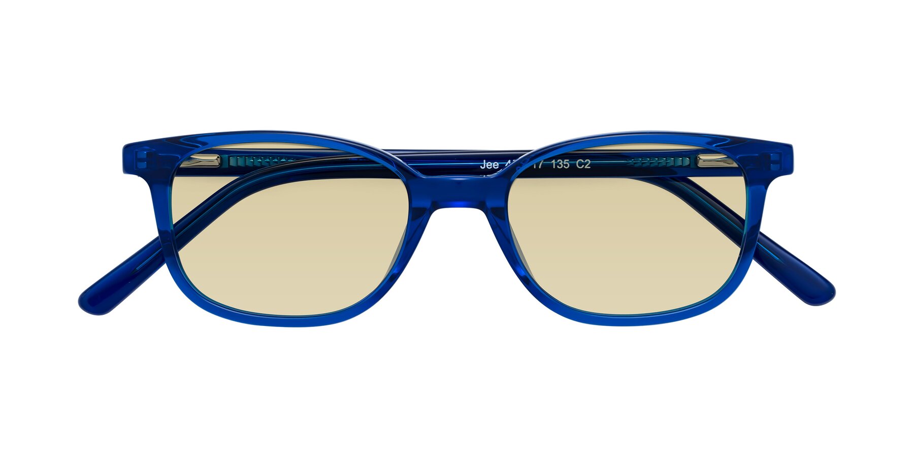 Folded Front of Jee in Navy Blue with Light Champagne Tinted Lenses