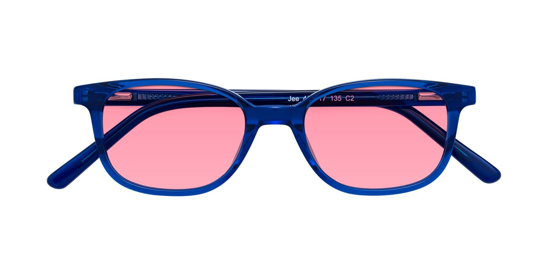 Folded Front of Jee in Navy Blue with Pink Tinted Lenses