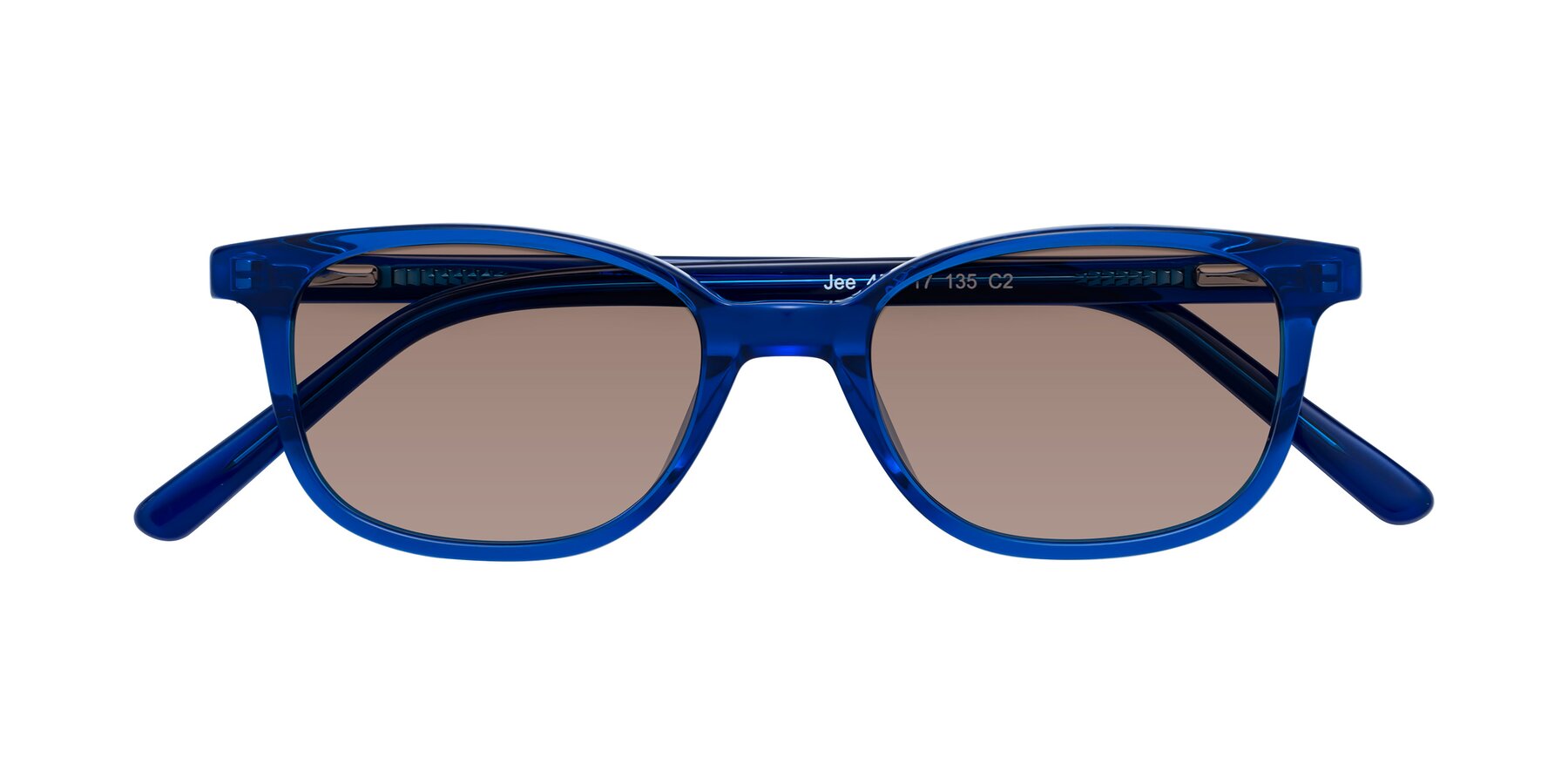 Folded Front of Jee in Navy Blue with Medium Brown Tinted Lenses