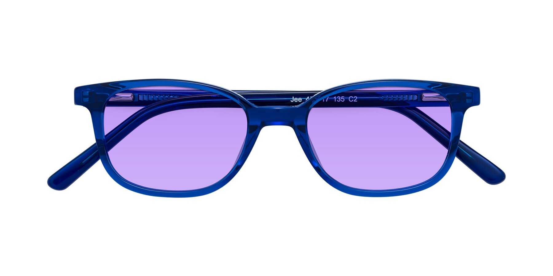 Folded Front of Jee in Navy Blue with Medium Purple Tinted Lenses