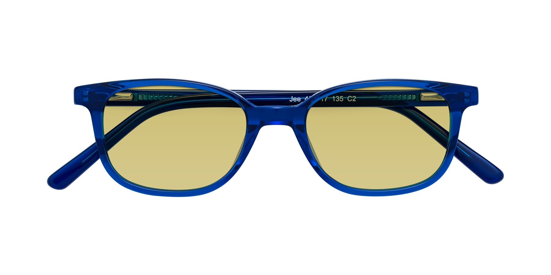 Folded Front of Jee in Navy Blue with Medium Champagne Tinted Lenses