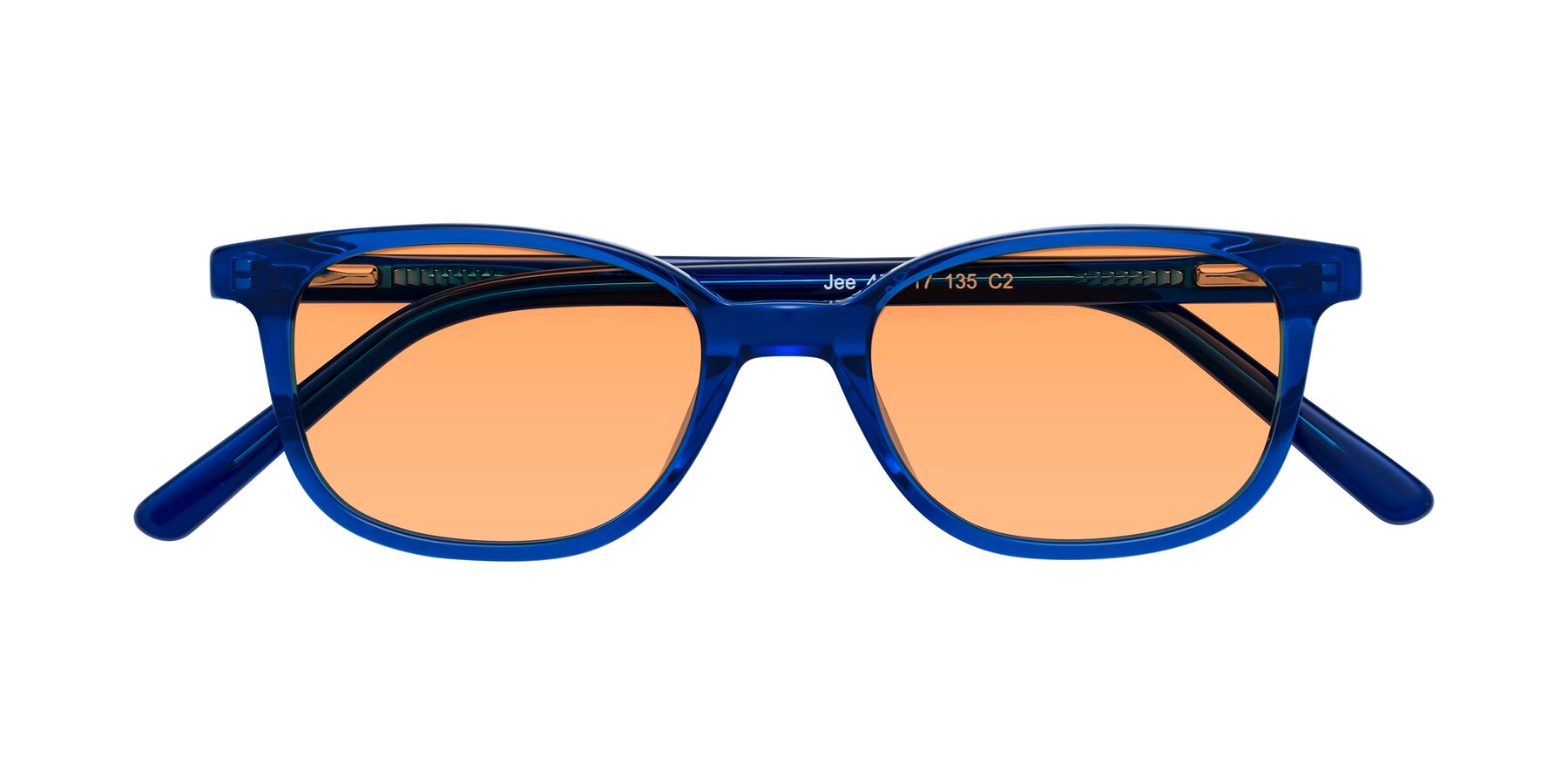 Folded Front of Jee in Navy Blue with Medium Orange Tinted Lenses