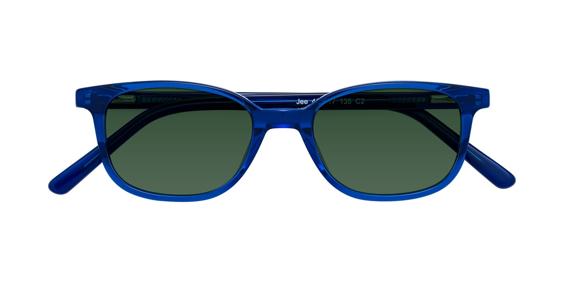 Folded Front of Jee in Navy Blue with Green Tinted Lenses