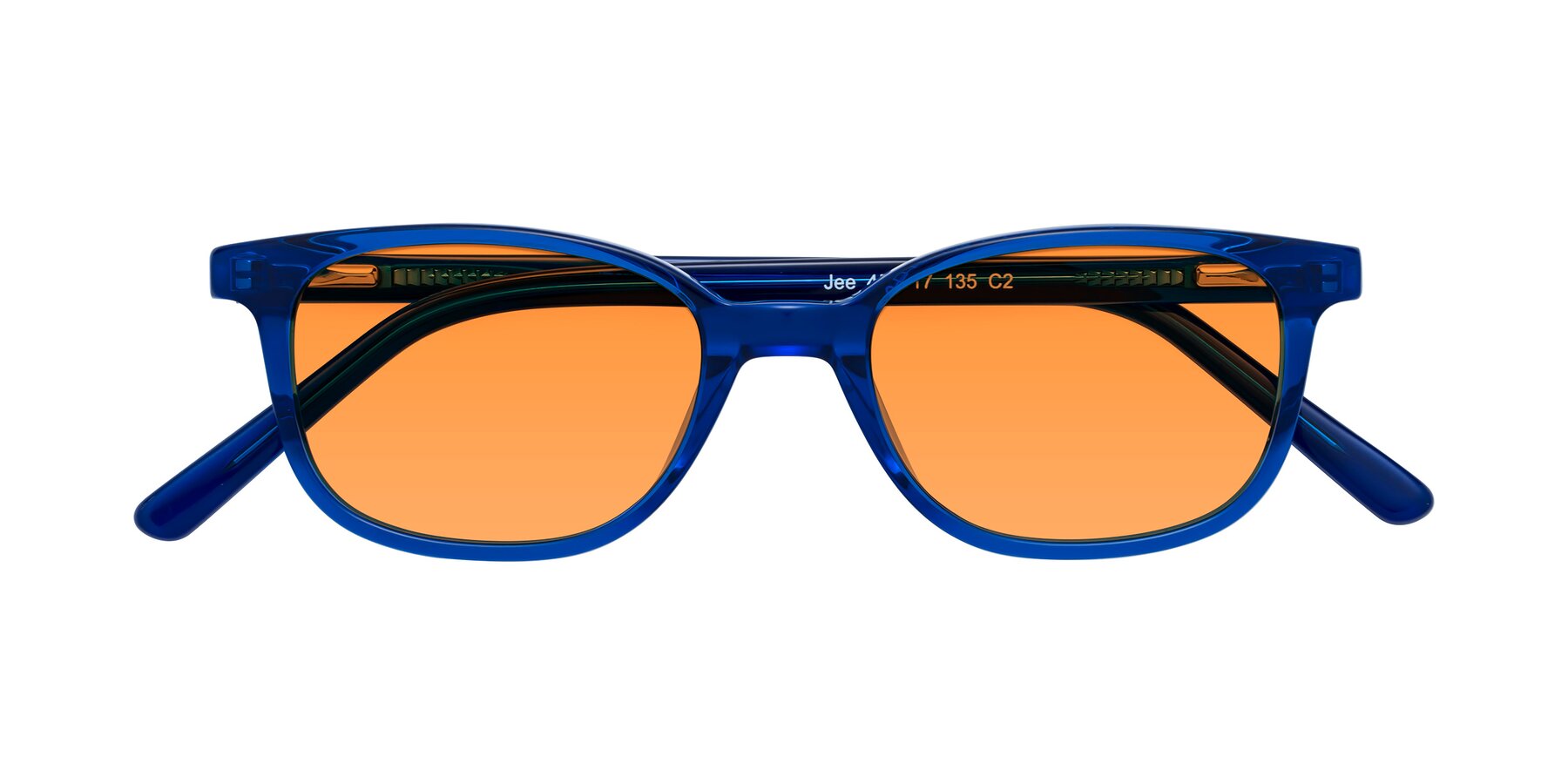 Folded Front of Jee in Navy Blue with Orange Tinted Lenses