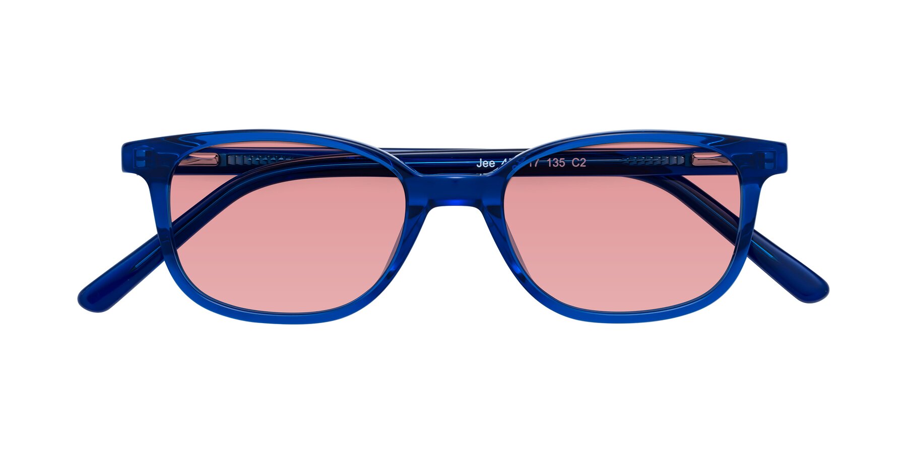 Folded Front of Jee in Navy Blue with Medium Garnet Tinted Lenses