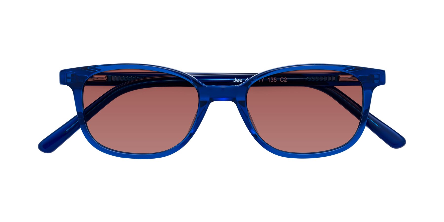 Folded Front of Jee in Navy Blue with Garnet Tinted Lenses