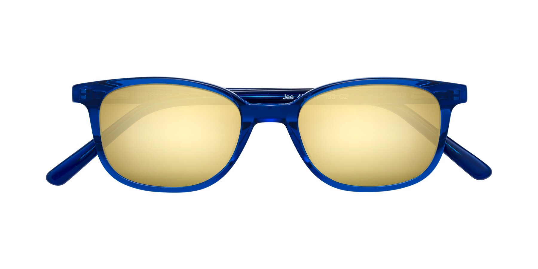 Folded Front of Jee in Navy Blue with Gold Mirrored Lenses