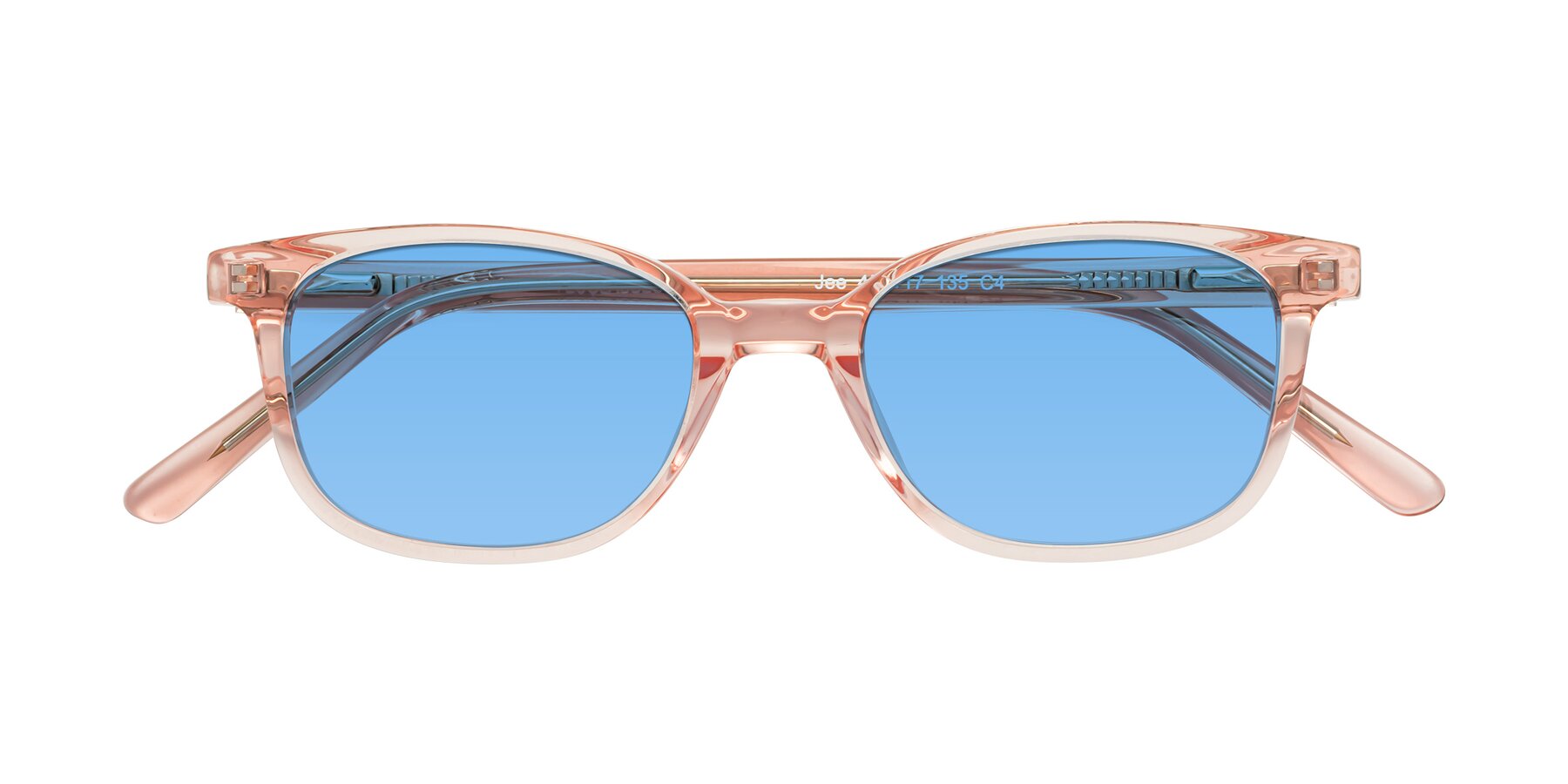 Folded Front of Jee in Transparent Pink with Medium Blue Tinted Lenses