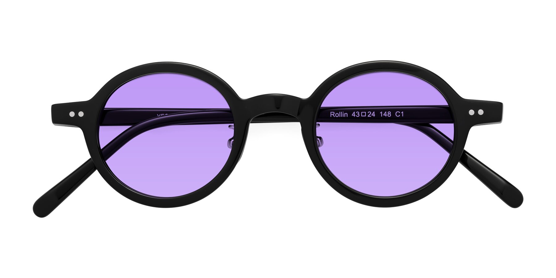 Folded Front of Rollin in Black with Medium Purple Tinted Lenses