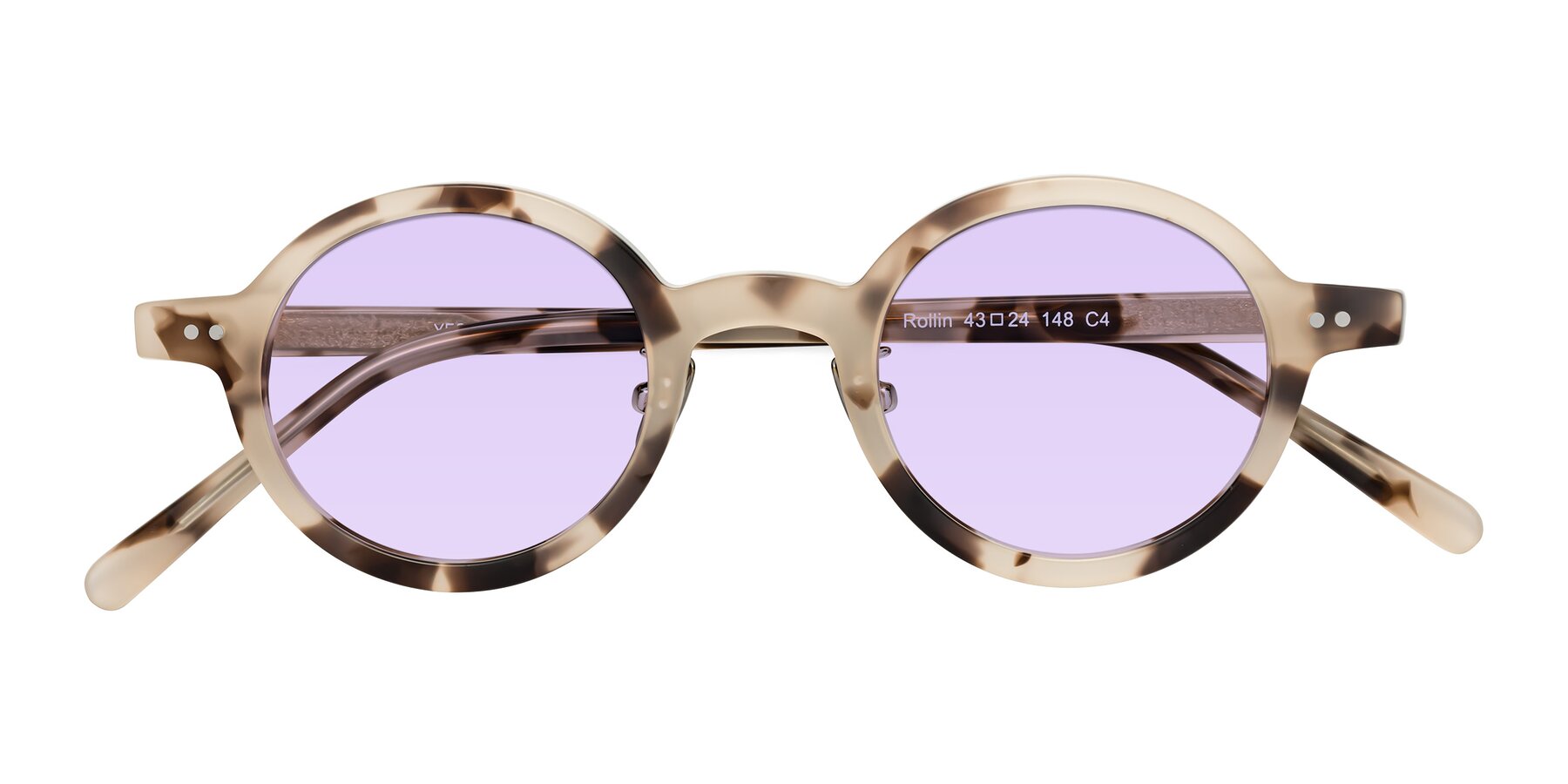 Folded Front of Rollin in Ivory Tortoise with Light Purple Tinted Lenses