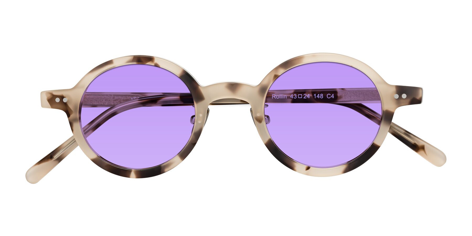 Folded Front of Rollin in Ivory Tortoise with Medium Purple Tinted Lenses