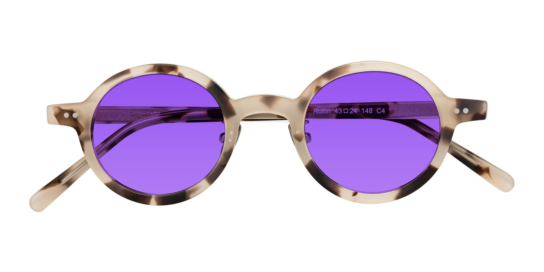 Folded Front of Rollin in Ivory Tortoise with Purple Tinted Lenses