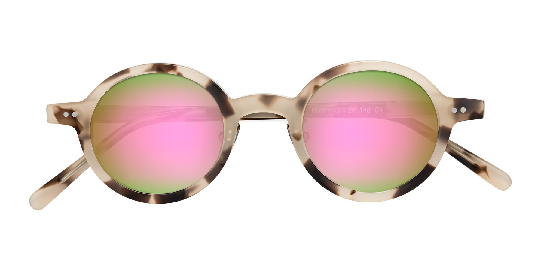 Folded Front of Rollin in Ivory Tortoise with Pink Mirrored Lenses