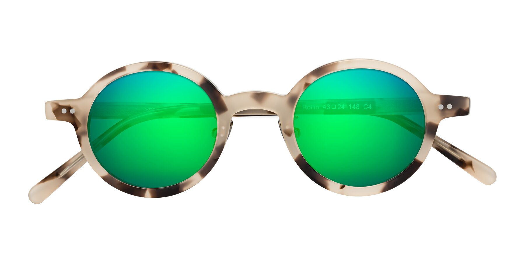 Folded Front of Rollin in Ivory Tortoise with Green Mirrored Lenses