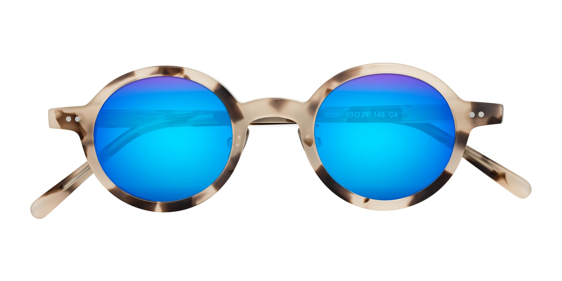 Folded Front of Rollin in Ivory Tortoise with Blue Mirrored Lenses